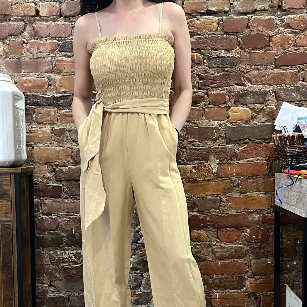 INTERMIX Shoshannah belted smocked jumpsuit. Beige, Size 00.